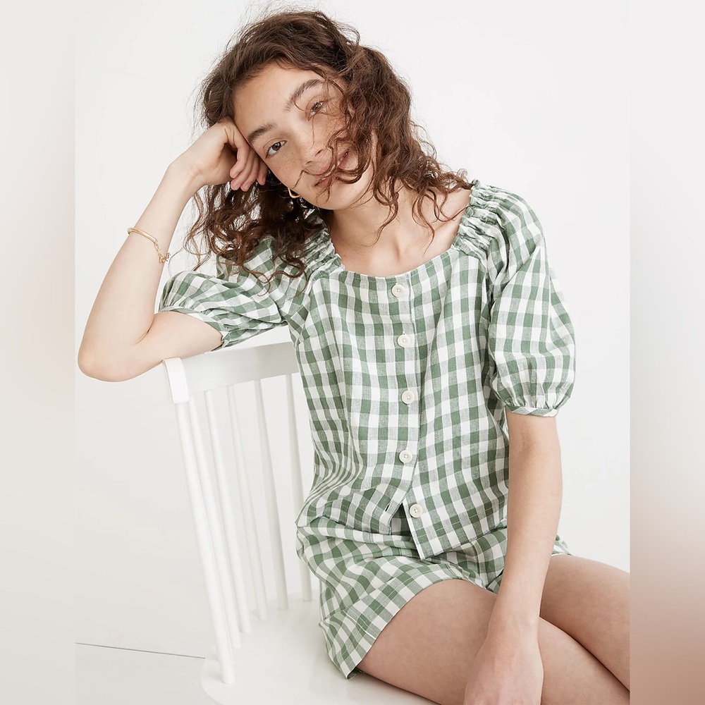Madewell Linen-Cotton Square-Neck Button-Front Top in Green Gingham Size XS